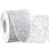 Ribbli Swirl Glitter Wired Ribbon, White Organza Sheer Ribbon with Sliver Glitter Swirl Pattern a...