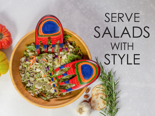 Baltique Marrakesh Salad Hands server serving utensil set colorful toss tongs fork host party wooden