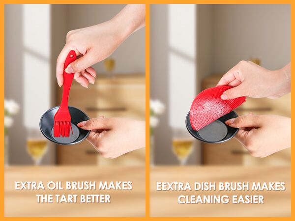 Split image: Left panel shows red silicone brush applying oil to pan. Right panel displays red silicone dish brush scrubbing pan. Text highlights brush effectiveness for cooking and cleaning.