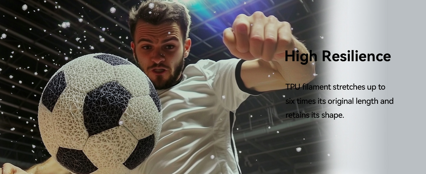 Soccer ball with textured black and white panels. Text highlights 'High Resilience' feature, indicating the ball's ability to stretch and retain shape after impact.