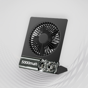 Black portable fan with 5000mAh battery capacity, featuring compact stand design and multiple blade configuration in a minimalist setting.