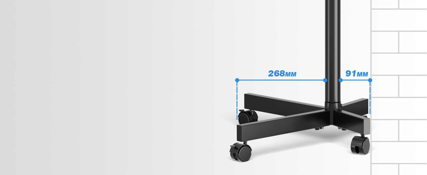 a black rolling cart with wheels and a blue background.