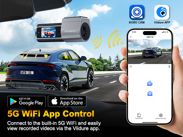 Dashboard camera with 5G WiFi app control, showing smartphone interface and car recording. Includes Google Play and App Store icons.