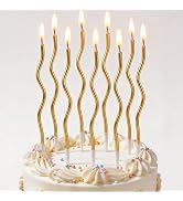12 Pcs Spiral Twisted Birthday Candles – Gold Metallic Long Thin Cake Candles with Holders for Bi...