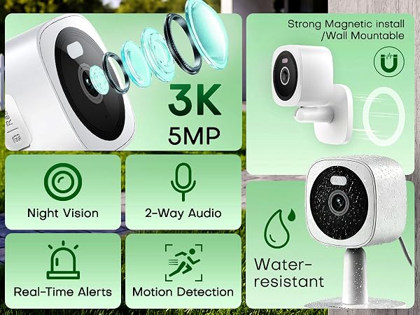 Text reads 'Strong magnetic install', '3K SNAP', 'Night Vision', '2-Way Audio', 'Real-time Alerts', 'Motion Detection', 'Water-Resistant'. Product features display for security camera with multiple capability icons on green background.