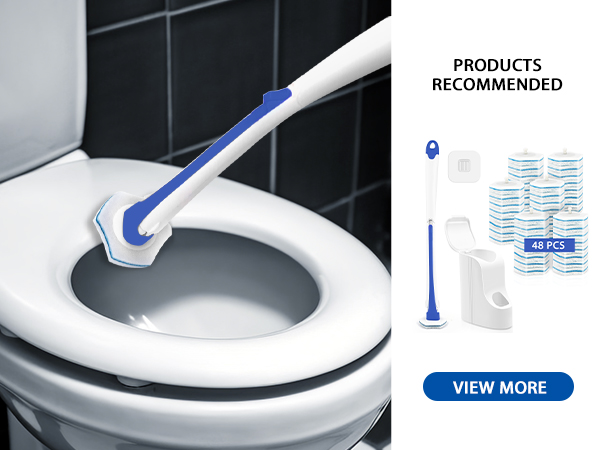Extended-reach toilet bowl cleaning brush with blue and white design, shown in use. Related cleaning products displayed on right side.