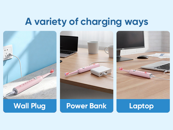 Text reads 'A variety of charging ways' showing three charging options labeled 'Wall Plug', 'Power Bank', and 'Laptop' with demonstration photos.