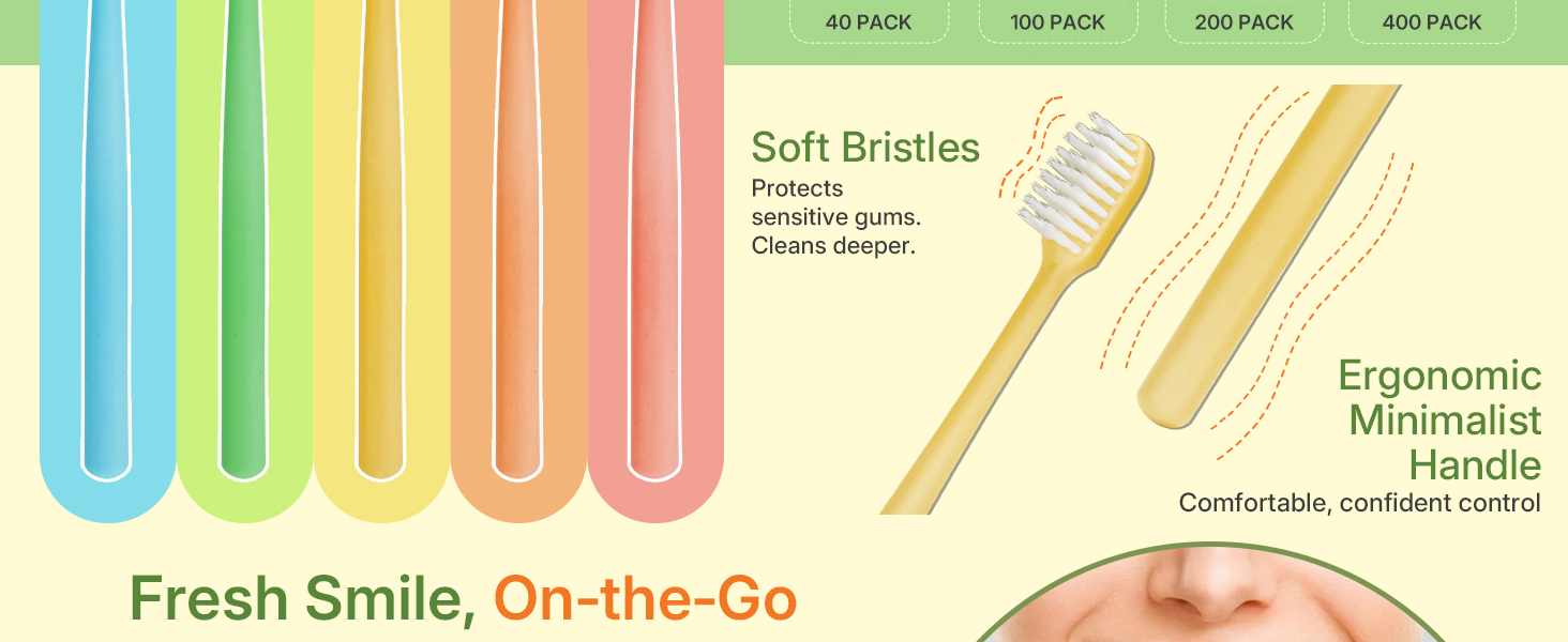 Soft-bristle disposable toothbrush, ergonomic handle, travel, bulk packs 40/100/200/400
