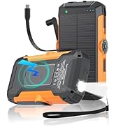 Solar Power Bank with Hand Crank and Retractable Cables, 20000mAh Wireless Portable Charger with ...