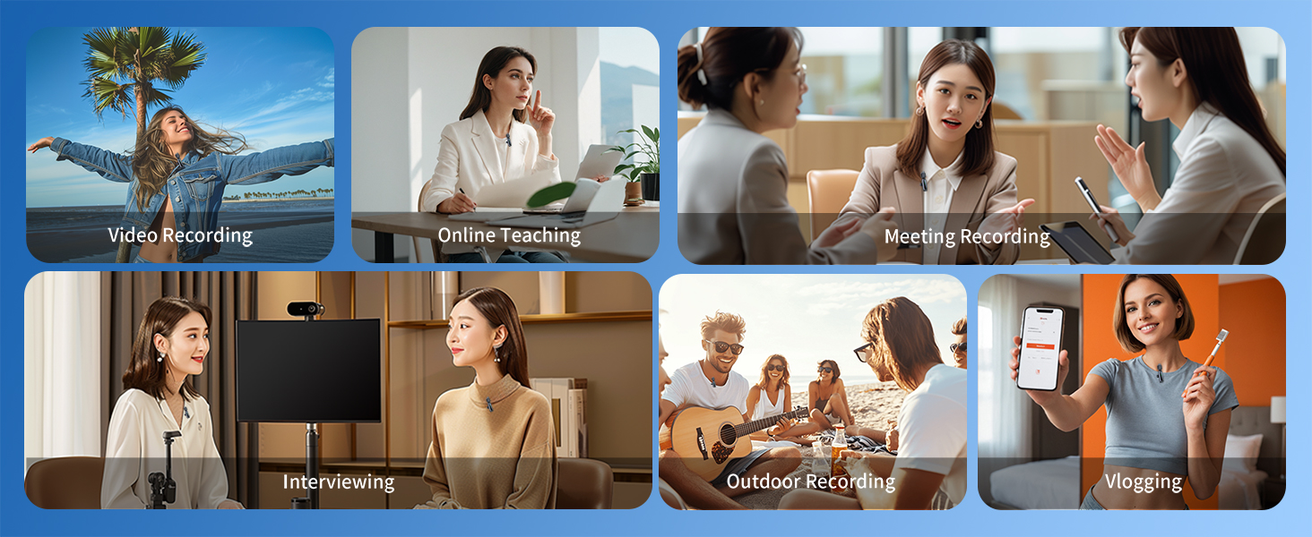 Series of images showing people in workplace settings, appearing to interact or communicate through some form of technology.