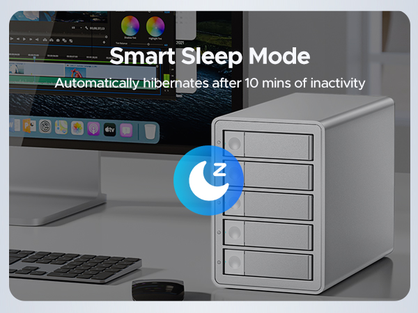 External storage device with multiple drive bays, featuring Smart Sleep Mode that automatically hibernates after 10 minutes of inactivity.