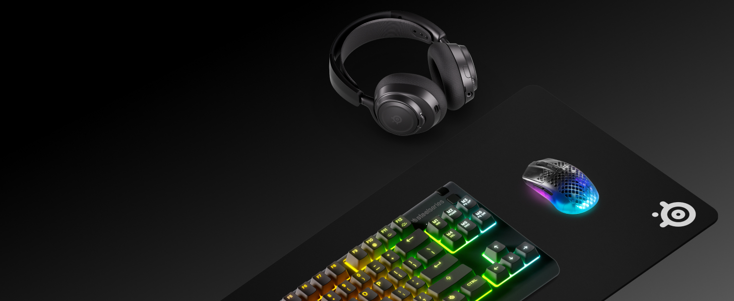 Coordinated black mousepad, mouse, keyboard and headset