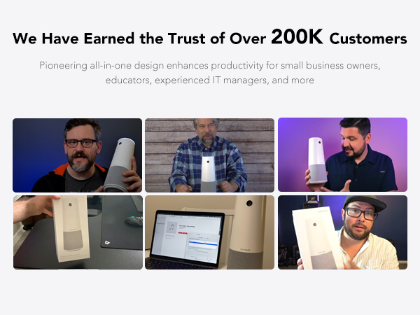 Collage showcasing white rectangular devices in various settings, with users interacting. Text indicates over 200K customers trust the product for enhancing productivity.