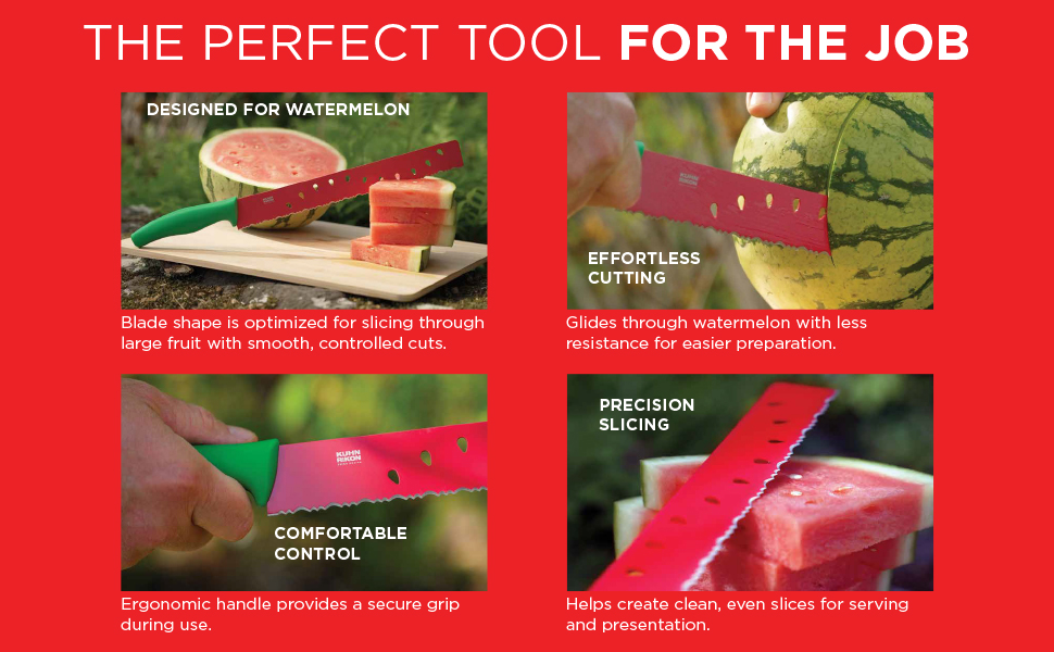 Watermelon knife features including serrated blade, ergonomic handle, and precision slicing design