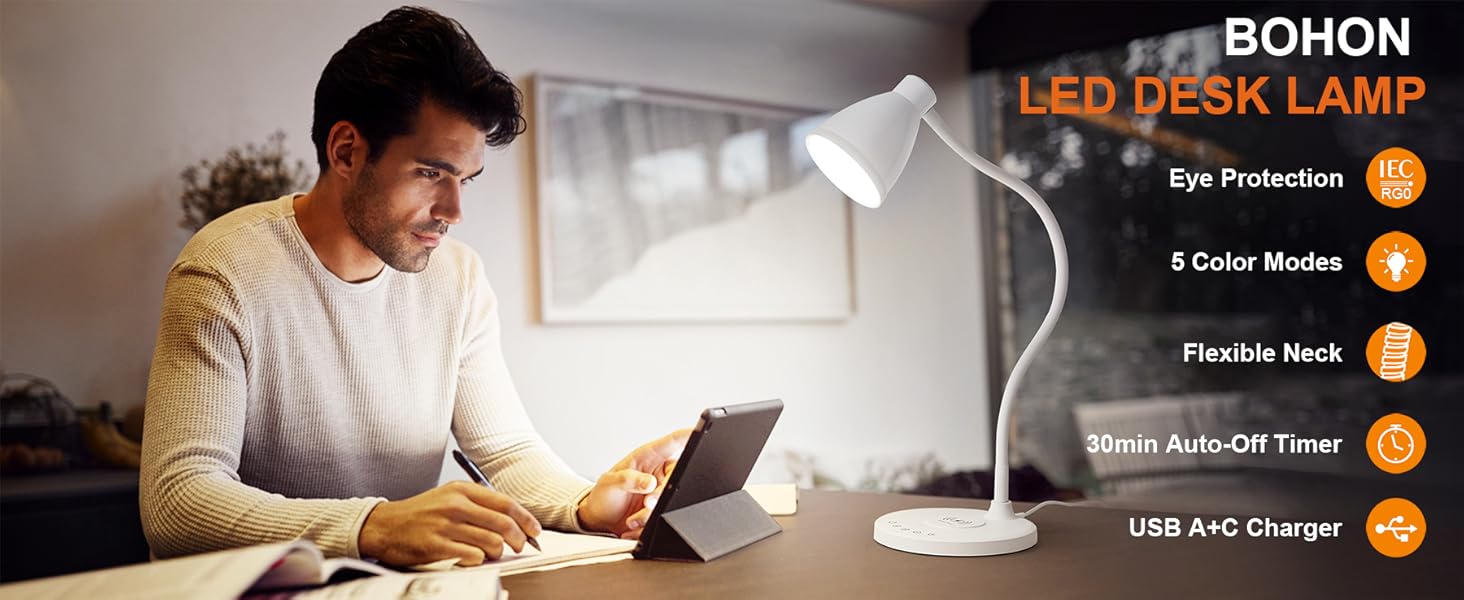 LED Desk Lamp for Home Office Light USB Charging Ports Bedside Table Lamp for College Dorm Room