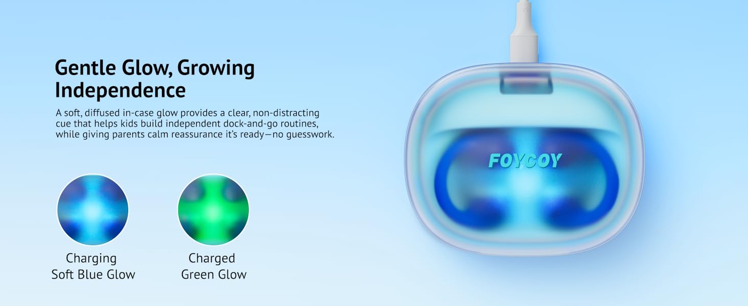 Charging case with LED glow indicator showing battery status.