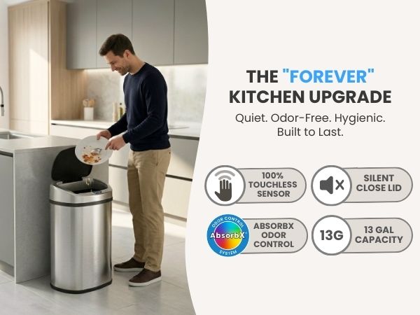 iTouchless stainless steel sensor kitchen trash can with soft-close lid and odor filter