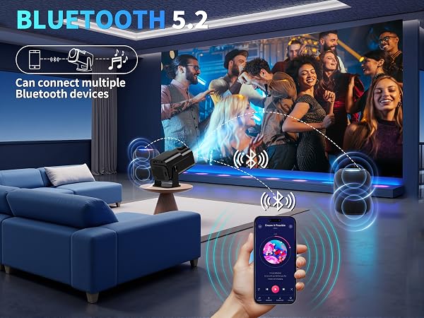 Text reads 'BLOC PARTY'. Entertainment setup showing blue lighting, modern furniture, and gaming environment with multiple screens and seating arrangements.