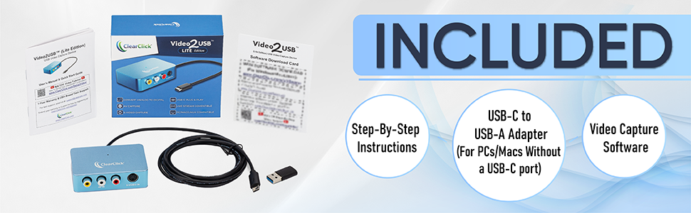 Step-By-Step Instructions, USB-C to USB-A Adapter, and Video Capture Software Included