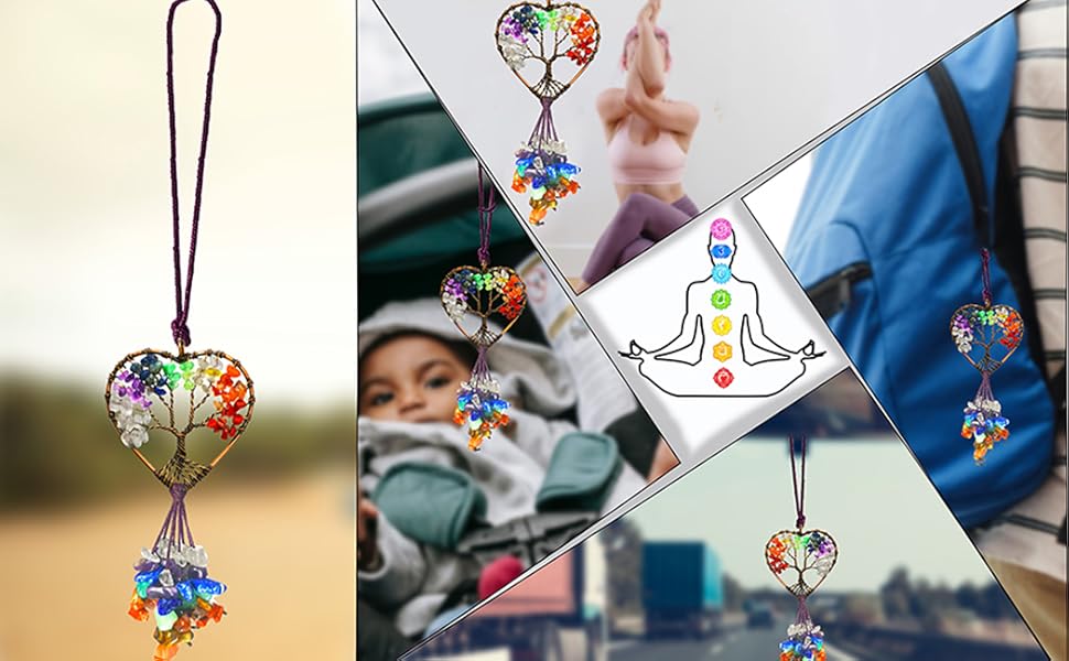 7 Chakra stone heart shaped tree of life decorative pendant