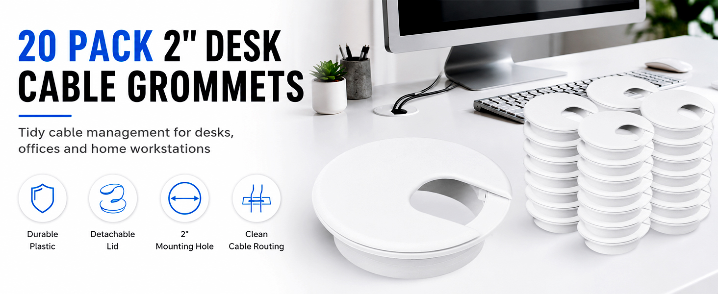 20 pack white 2 inch desk cable grommets for tidy cable management