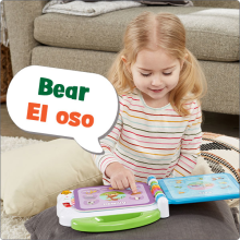 Child practicing learning Spanish; "Bear is el oso"
