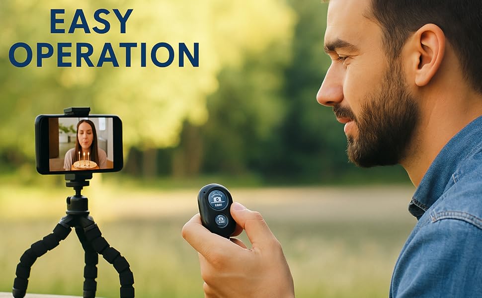 Man using Bluetooth remote with smartphone on tripod outdoors, text reads “Easy Operation