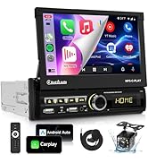 [Motorized] Single Din Touchscreen Car Stereo with Wireless Carplay Android Auto 7inch IPS Flip O...