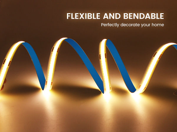 Flexible LED light strip curved into wavy pattern, displaying blue exterior and warm yellow glow. Text reads 'FLEXIBLE AND BENDABLE' and 'Perfectly decorate your home'.