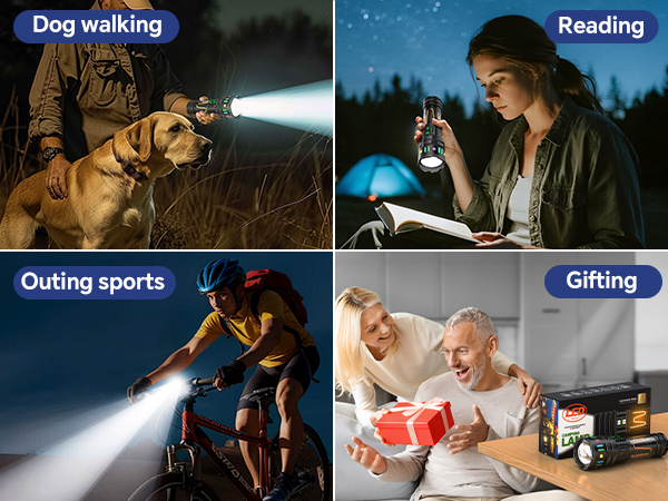 Text reads 'Dog walking', 'Reading', 'Outing sports', 'Gifting'. Collection of lifestyle images showing various activities in dark and illuminated settings.