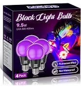 PIZHLO 4 Pack 9.5W LED Black Light Bulb, A19 E26 Black Shell Blacklight LED Bulb, 385-400nm, Glow...
