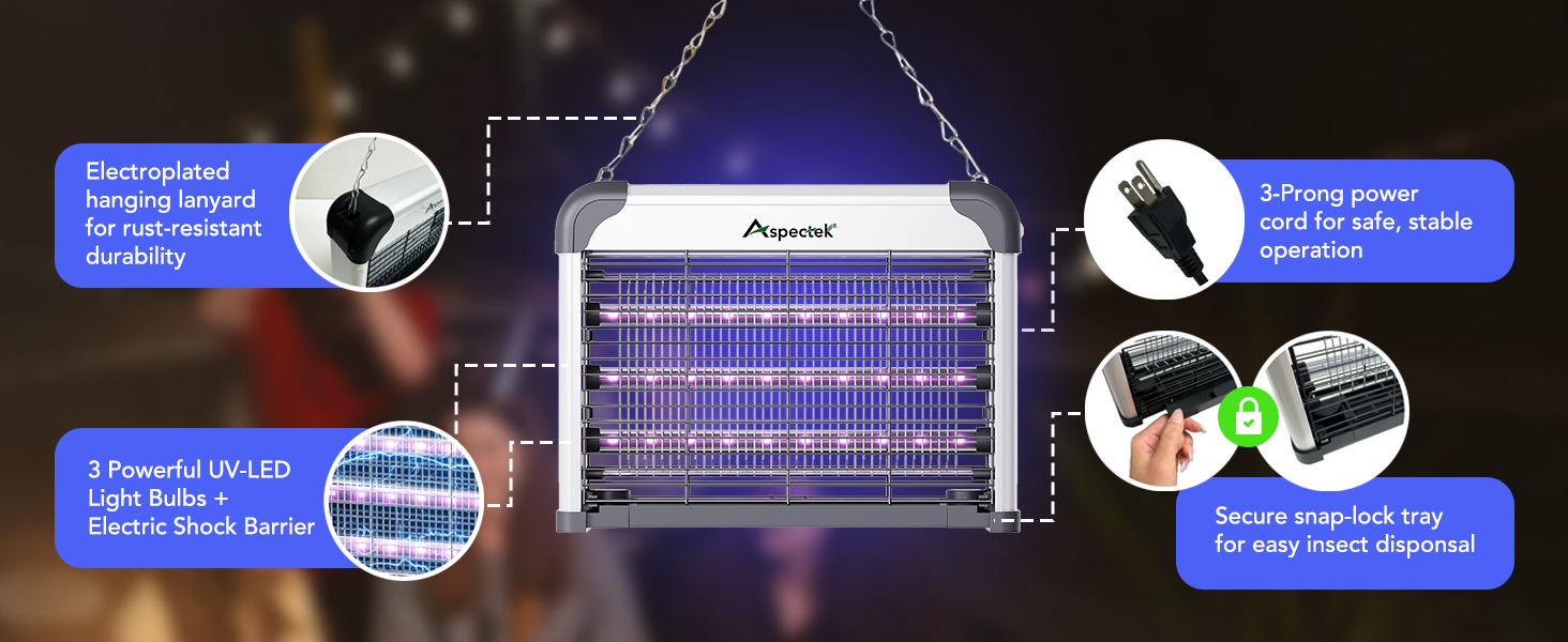 Aspectek hanging bug zapper with UV-LED bulbs, 3-prong plug, and removable snap-lock tray
