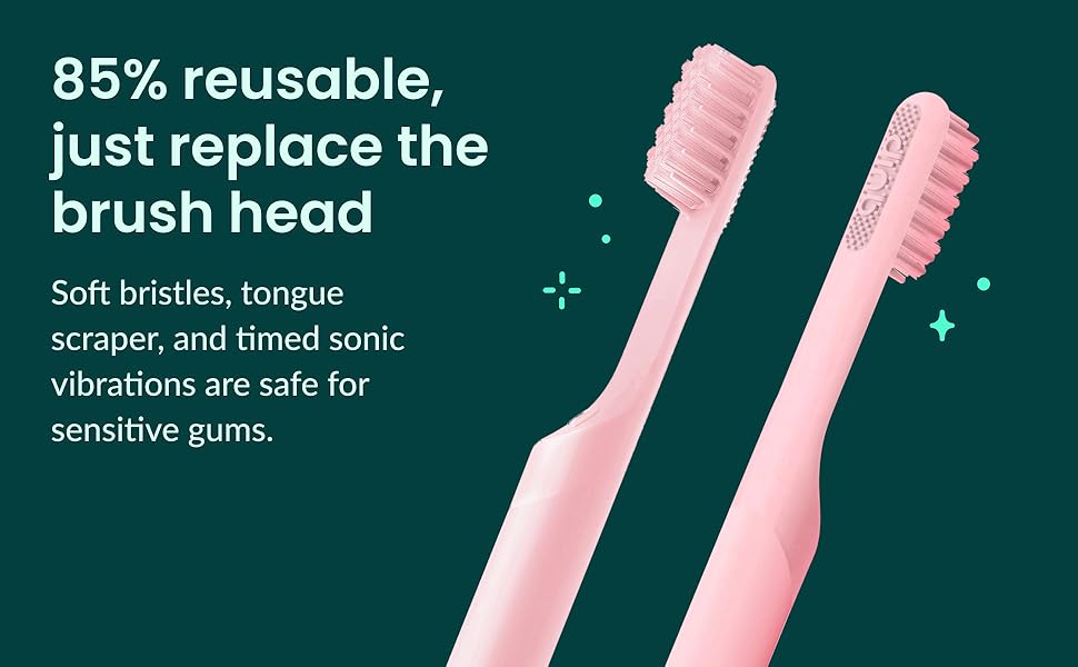 Soft bristles, tongue scraper, and timed sonic vibrations are safe for sensitive gums.