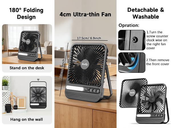 Text reads '180° Folding Design', '6cm Ultra-thin Fan', 'Detachable &amp; Washable'. Compact black fan shown folded, unfolded, and with detachable components displayed on desk.