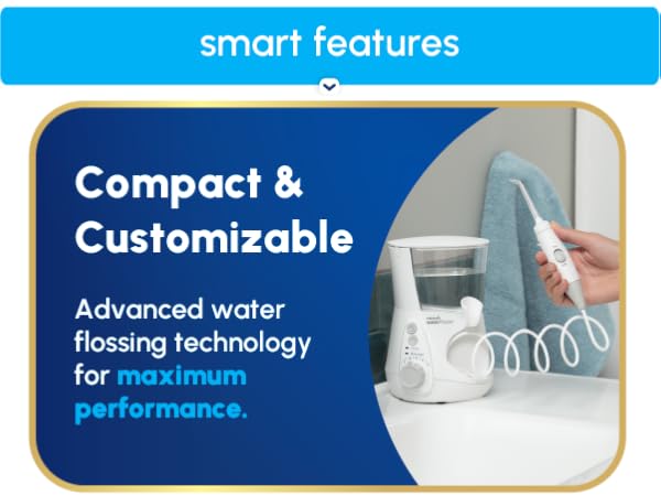 Image of Waterpik flosser and reservoir with text reading compact and customizable.