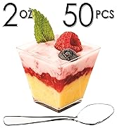 DLux 50 x 2oz Square Mini Dessert Cups with Spoons, Clear Plastic Parfait Appetizer Cup - Small R...