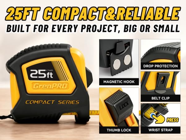 GrenPRO 25FT Compact Magnetic Tape Measure