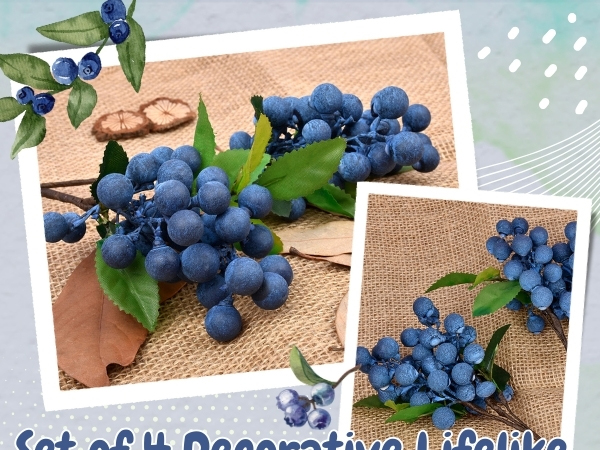 Set of 4 Decorative Lifelike Artificial Blueberries - Dark Blue