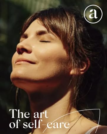 Close-up of a woman with eyes closed and serene expression, facing upward. Text overlay reads 'The art of self-care'.