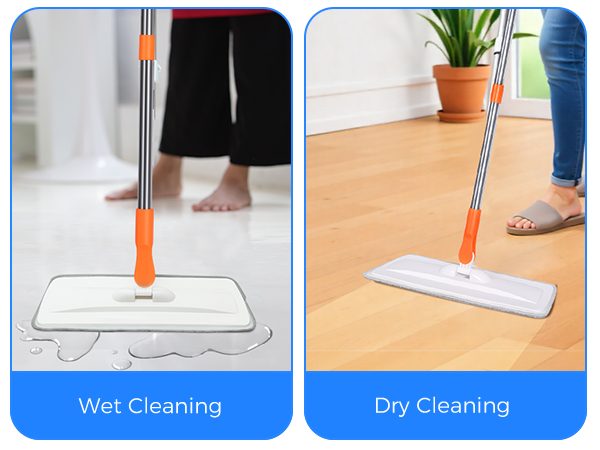 Two-panel comparison showing wet and dry cleaning methods. Left panel: orange-handled mop on wet floor. Right panel: orange-handled mop on dry floor with blue section labels.