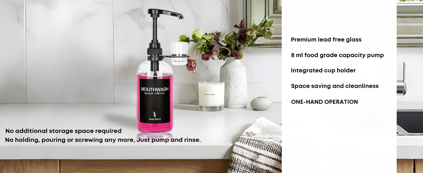 Onsogi Glass Mouthwash Dispenser with Cup Holder and Pump