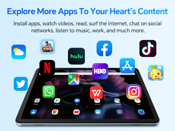 Text reads 'Explore More Apps To Your Heart's Content'. Tablet displaying various app icons including Netflix, HBO, Facebook, TikTok, Twitter, WhatsApp, Instagram, and other social media platforms.
