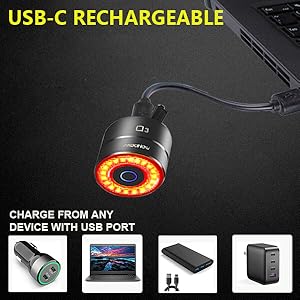 usb c type-c rechargeablelong battery life run time charging charged safe poweredt bike tail light