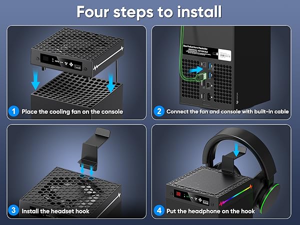 Four steps to install the auto cooling fan for xbox series x