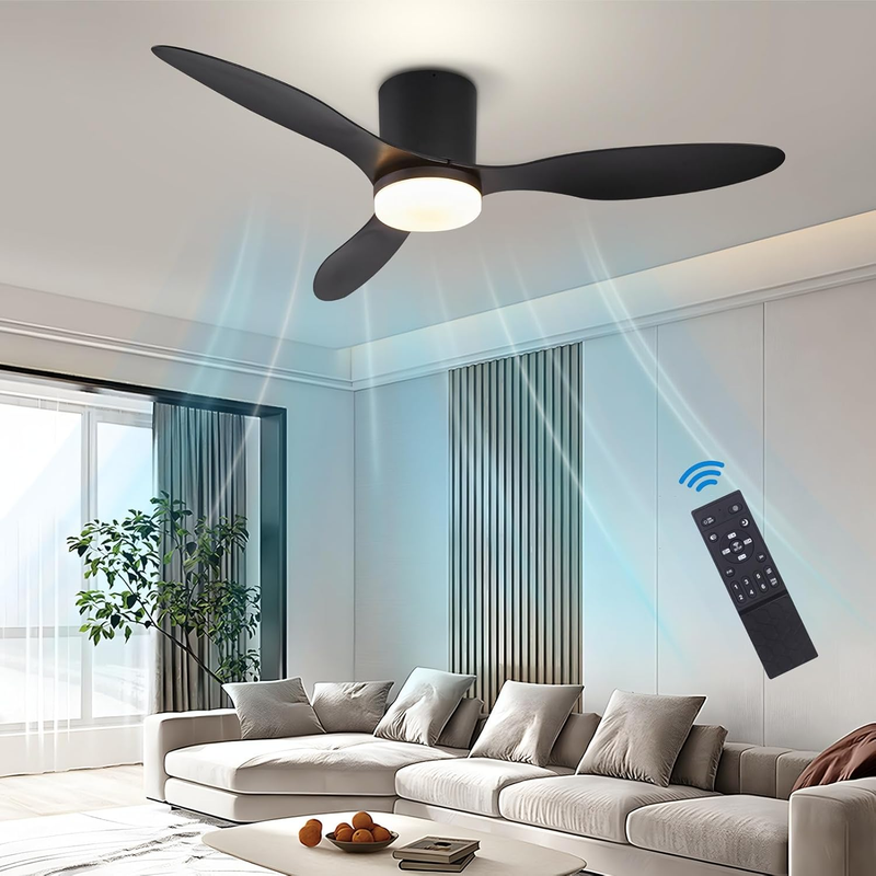 Ceiling Fans with Lights, 42 Inch Low Profile Ceiling Fan with Light and Remote Control, 3CCT, Reversible, Noiseless, Flush Mount Ceiling Fan for Bedroom, Black