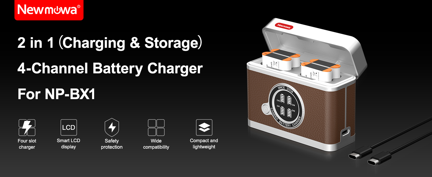 Text reads '2-in-1 (Charging &amp; Storage)' and '4-Channel Battery Charger'. Product appears to be a battery charging device with wooden finish.
