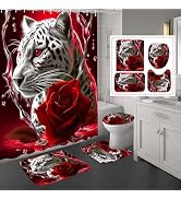 beifivcl 4PCS Red Rose and Leopard Shower Curtain Bathroom Set with Rugs, Toilet Lid Cover and Ba...