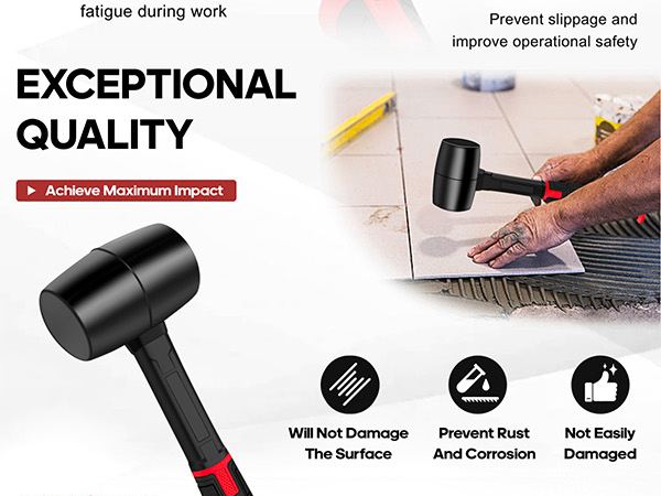 The rubber hammer head is securely connected to the handle through a special joining technique.