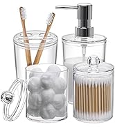Plastic Clear Bathroom Accessories Set Complete 4 Pcs - Soap Dispenser, 2 Qtip Holder Jars and To...