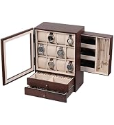 AUTOARK Wooden Watch Eyeglass Jewelry Box with Glass Front,12-Slot Vertical Display Case with 2 D...